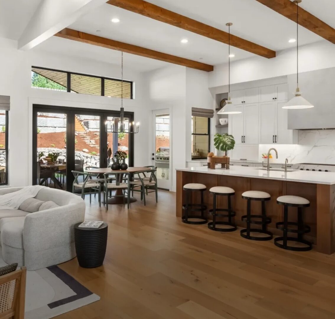 Open-concept kitchen and living room interior.