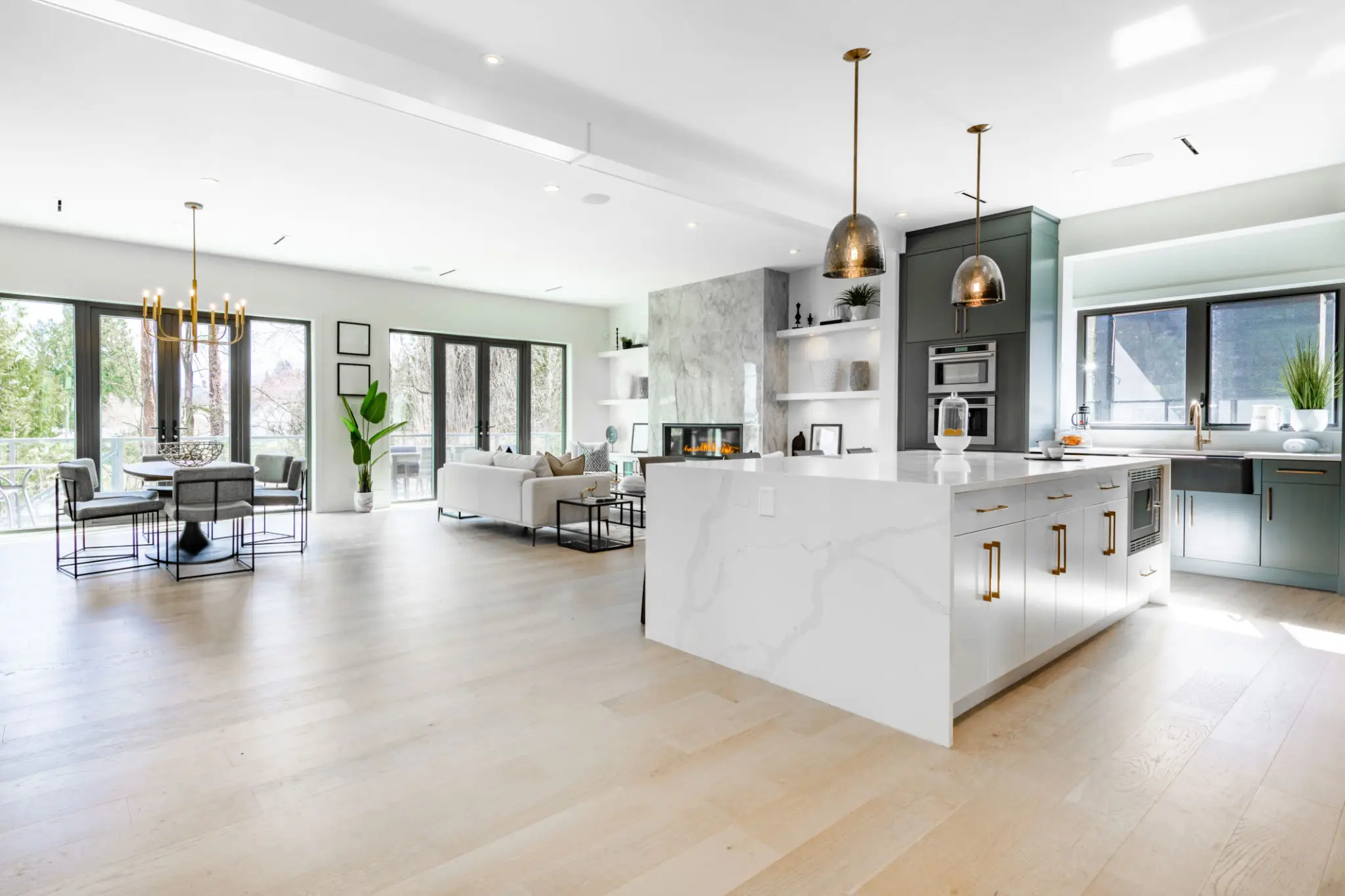 Modern open-concept kitchen and living area.