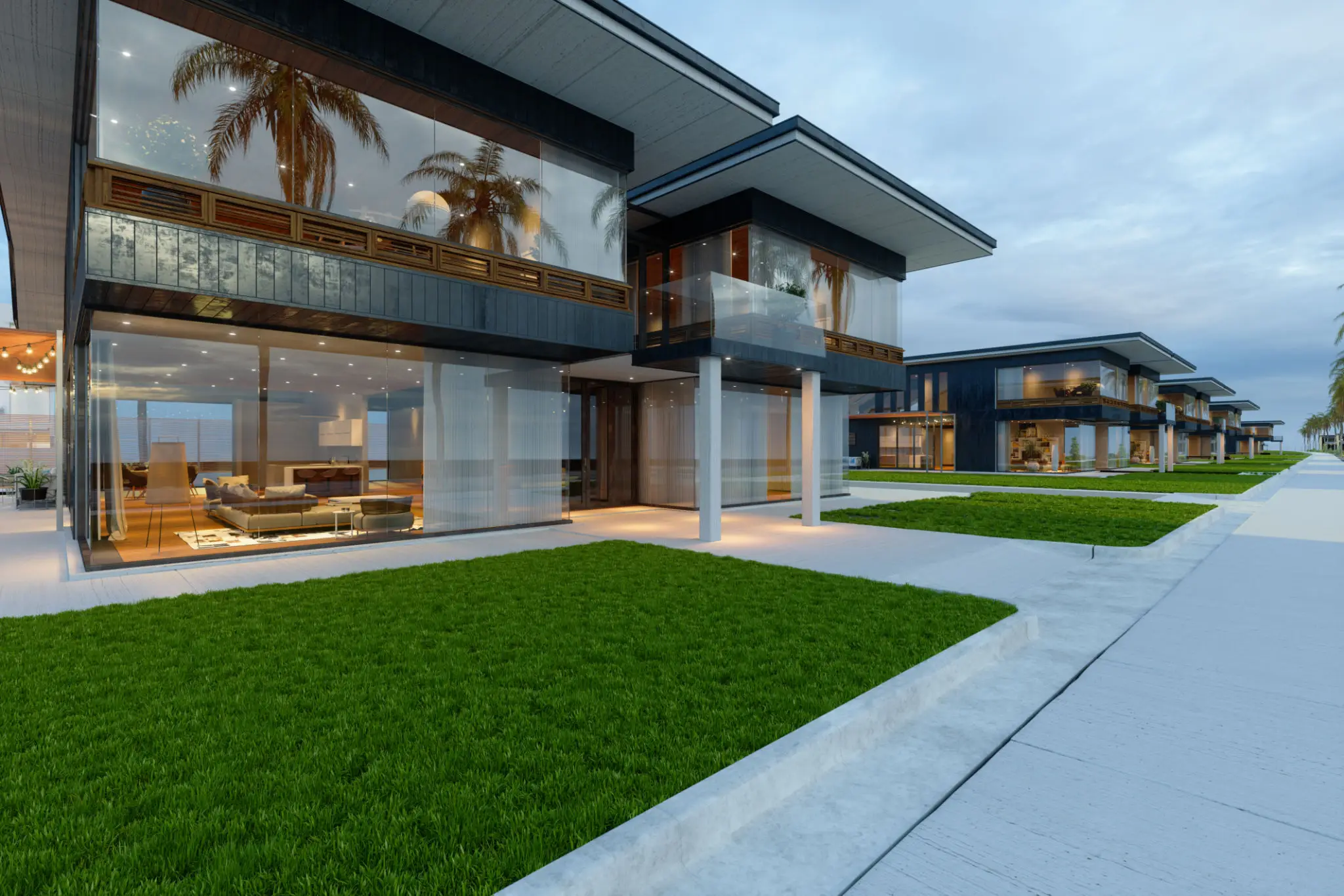 Modern luxury homes with glass facades.